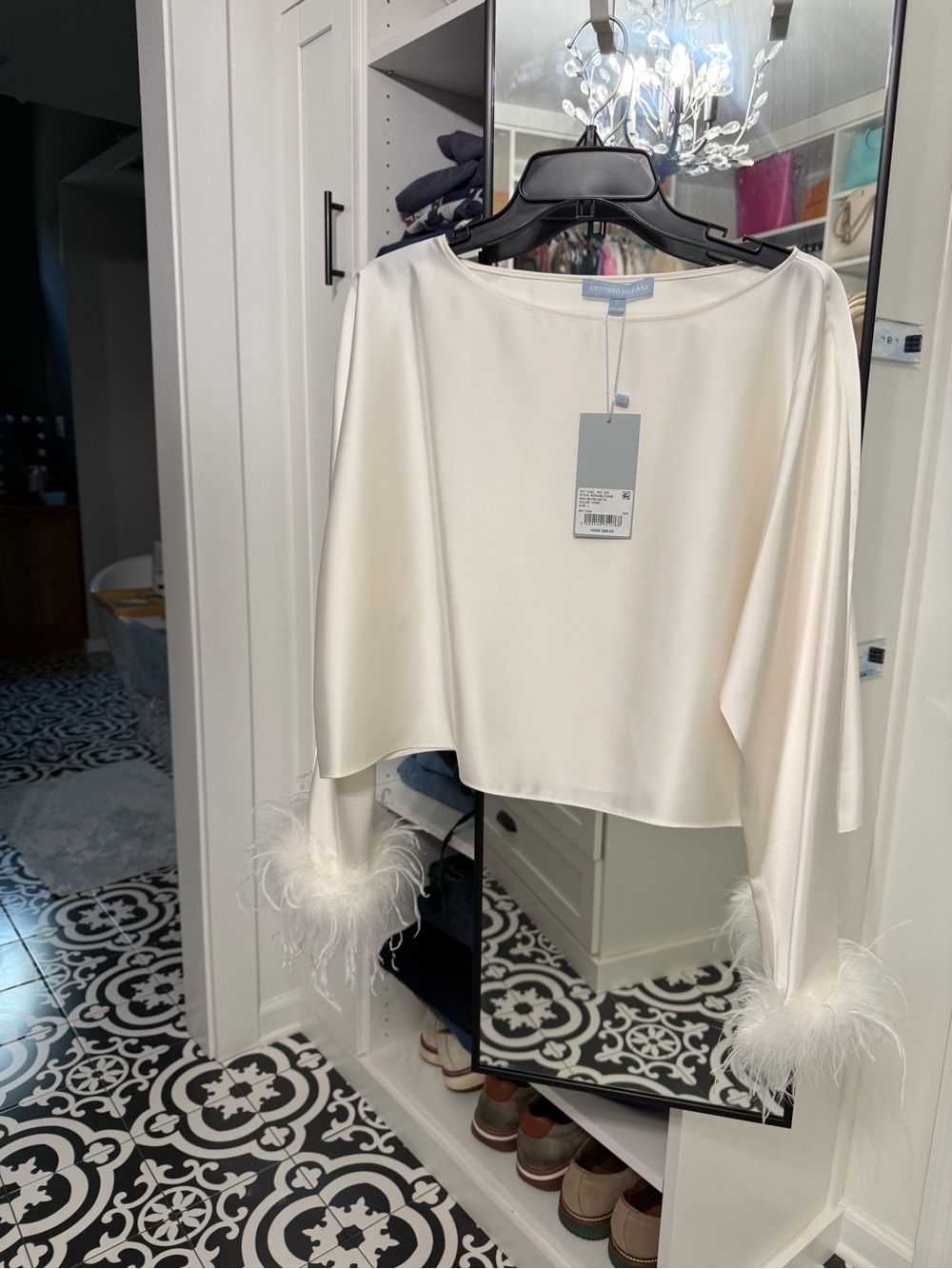 ANTONIO MELANI White Feather-Cuff Satin Blouse